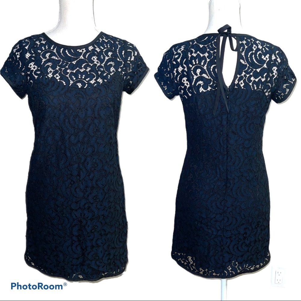 LOFT Black Navy Lace Overlay Short Sleeve Dress